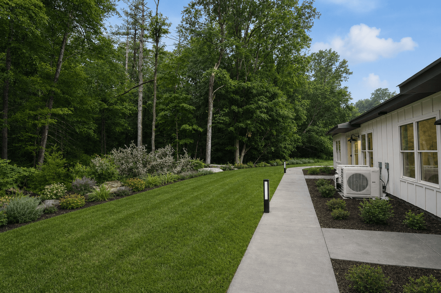 Landscaped walkway beside a Tillson Woods residence row and wooded lawn.